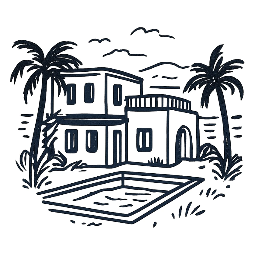 luxurious villa in Bodrum with white walls, blue accents, palm trees, and a view of the Aegean Sea, clean modern icon style sticker