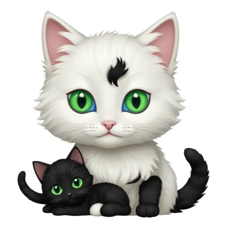 Black cat with green eyes cuddling next to small white kitten with blue eyes  sticker