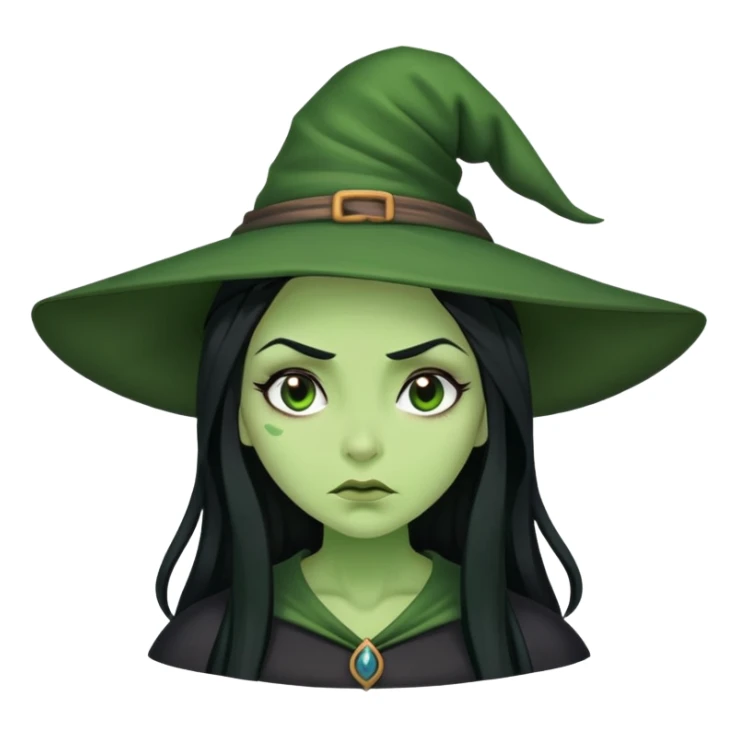 Green-skinned witch with long black hair, embarrassed expression, blushing sticker