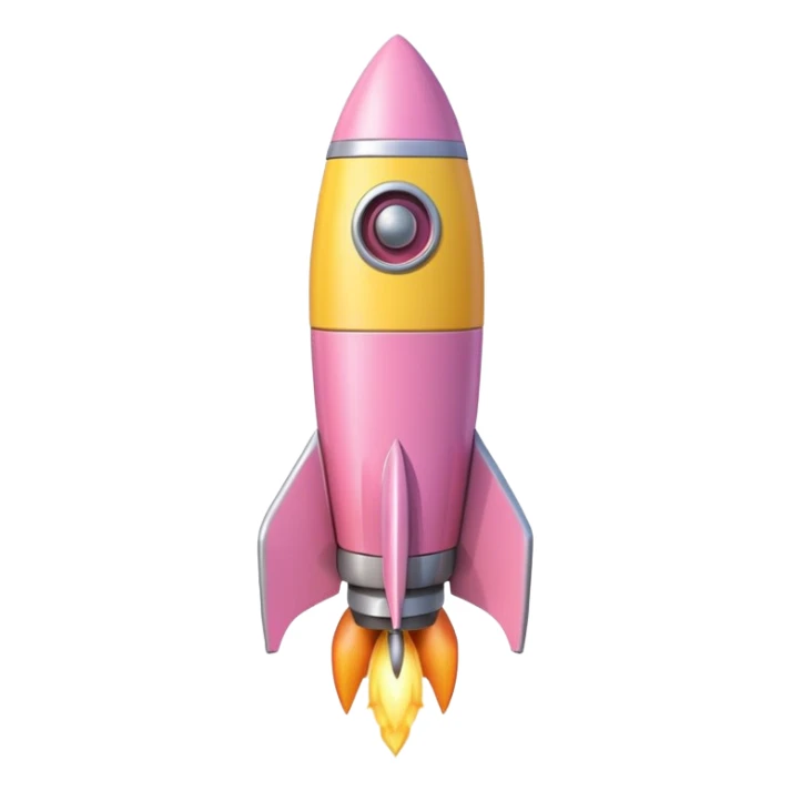 A single rocket, colored in pastel pink and yellow, glossy and smooth, cartoonish, vibrant colors, high detail, simple and cute design, isolated on white background, centered composition sticker