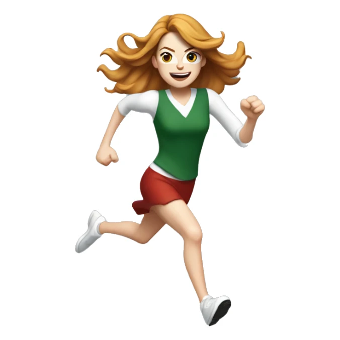 Emma Stone running, with a large stride and arms outstretched, with long golden brown hair, wearing an Christmas outfit sticker