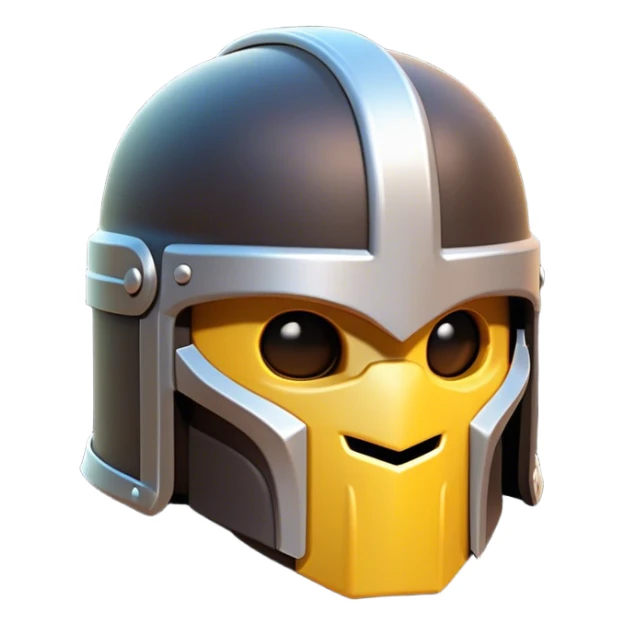 Clash of Clans aesthetic: Cinematic Playful 3D Isometric Helmet Emoji, rendered in a 3D vector-style similar to standard emojis with minimal shading and bold, simplified shapes. A compact, distinct form with signature details, softly glowing with a fantasy RPG magic charm. Simplified yet unmistakably iconic, highly detailed and consistent, glowing with a soft radiance and high shine. Stylized with a touch of heroic grandeur and a soft glowing outline, capturing the essence of a beloved gaming relic with a friendly, playful manner! sticker