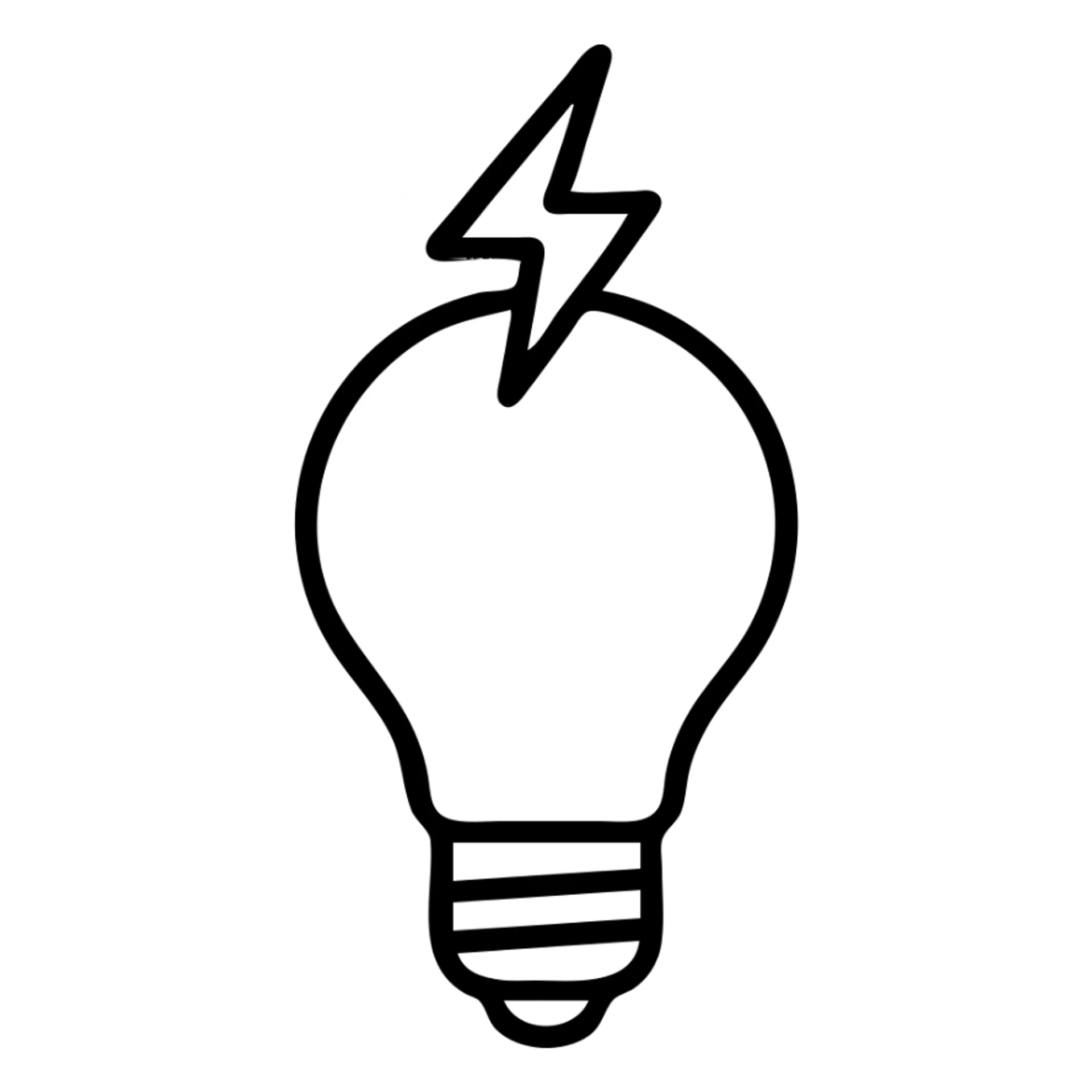 minimalist vector icon of a classic incandescent lightbulb with rounded glass bulb and screw-in base, with a sharp angular lightning bolt emerging upward from the top of the bulb, clean modern vector art, single dark gray color, no gradients or shadows, bold clear lines, balanced proportions, unified design sticker