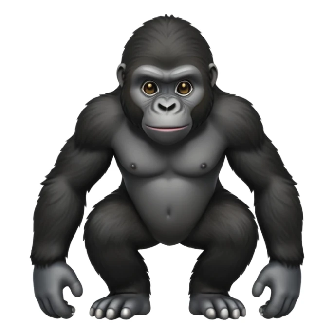 cinematic-friendly relaxed young gorilla-realistic-full-body-crouched on all fours on knuckles-emoji,-poised-with-confidence,-massive-arms-hanging-slightly-forward,-head-tilted-thoughtfully,-thick-black-fur, friendly ,-simplified-yet-realistic sticker
