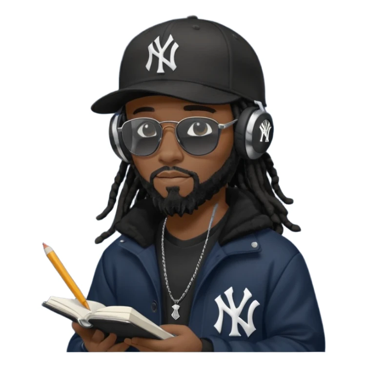 African American man with shoulder length black dreadlocks with black beard wearing black sunglasses wearing a black New York Yankees logo baseball cap wearing a black bubble winter coat wearing headphones writing a rap song in notebook sticker