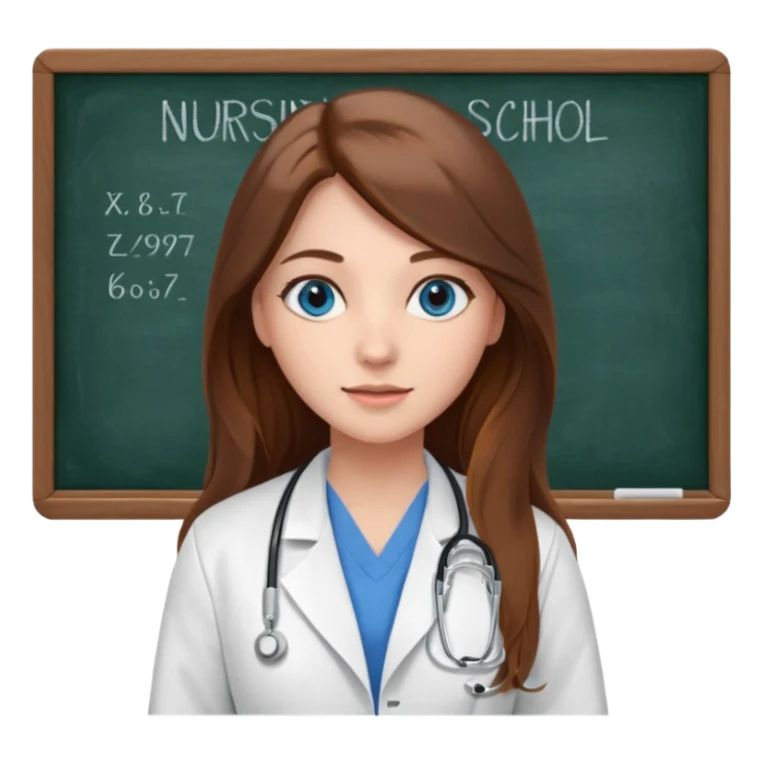 university classroom that says nursing school on the blackboard with a pretty female nursing student with long brown hair, blue eyes sticker