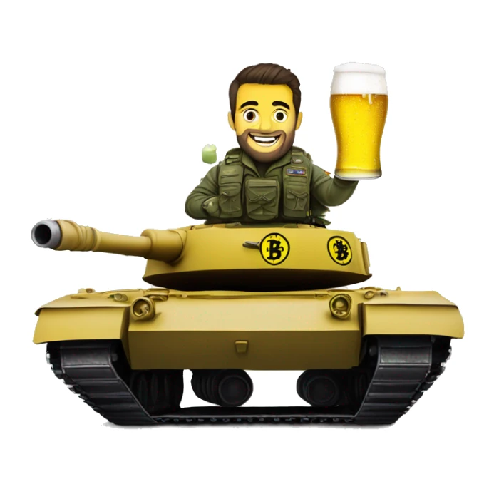 A bvb dortmund themed army tank with a fan riding on top holding a beer.  sticker