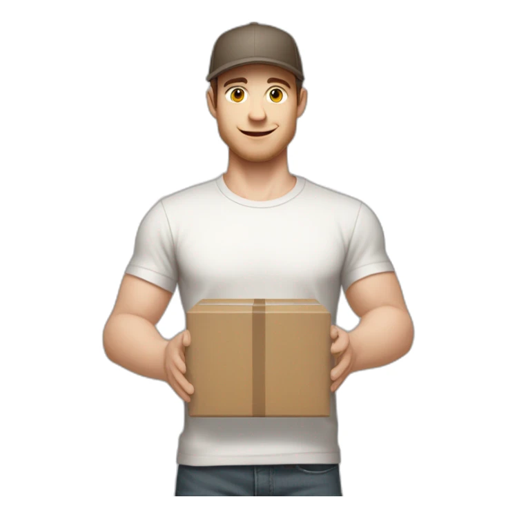 Pale skinned fit Man with dark brown hair in a light gray cap, dark brown jeans, brown polo and white T-shirt keeping a pasted with tape white box into his hands sticker