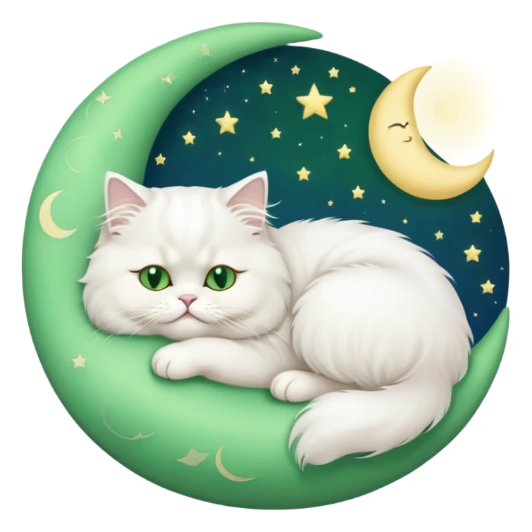 White Persian cat with green eyes sleeping on crescent moon  sticker