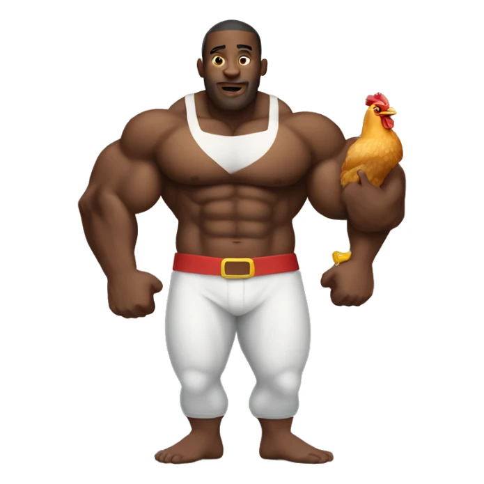 Black man with big biceps holding chicken sticker