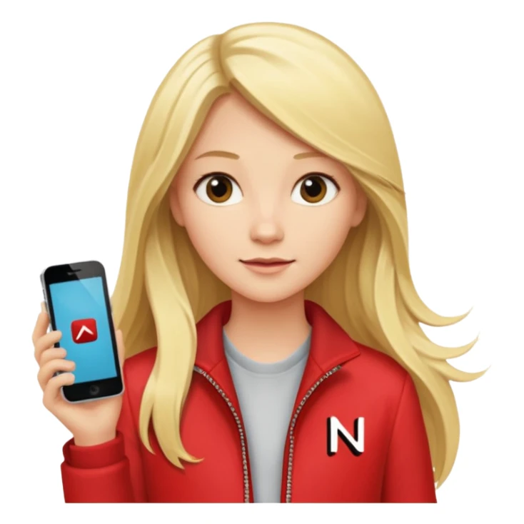 mujer  joven rubia con pelo largo y saco rojo con modem de internet y wifi con netflix sticker
