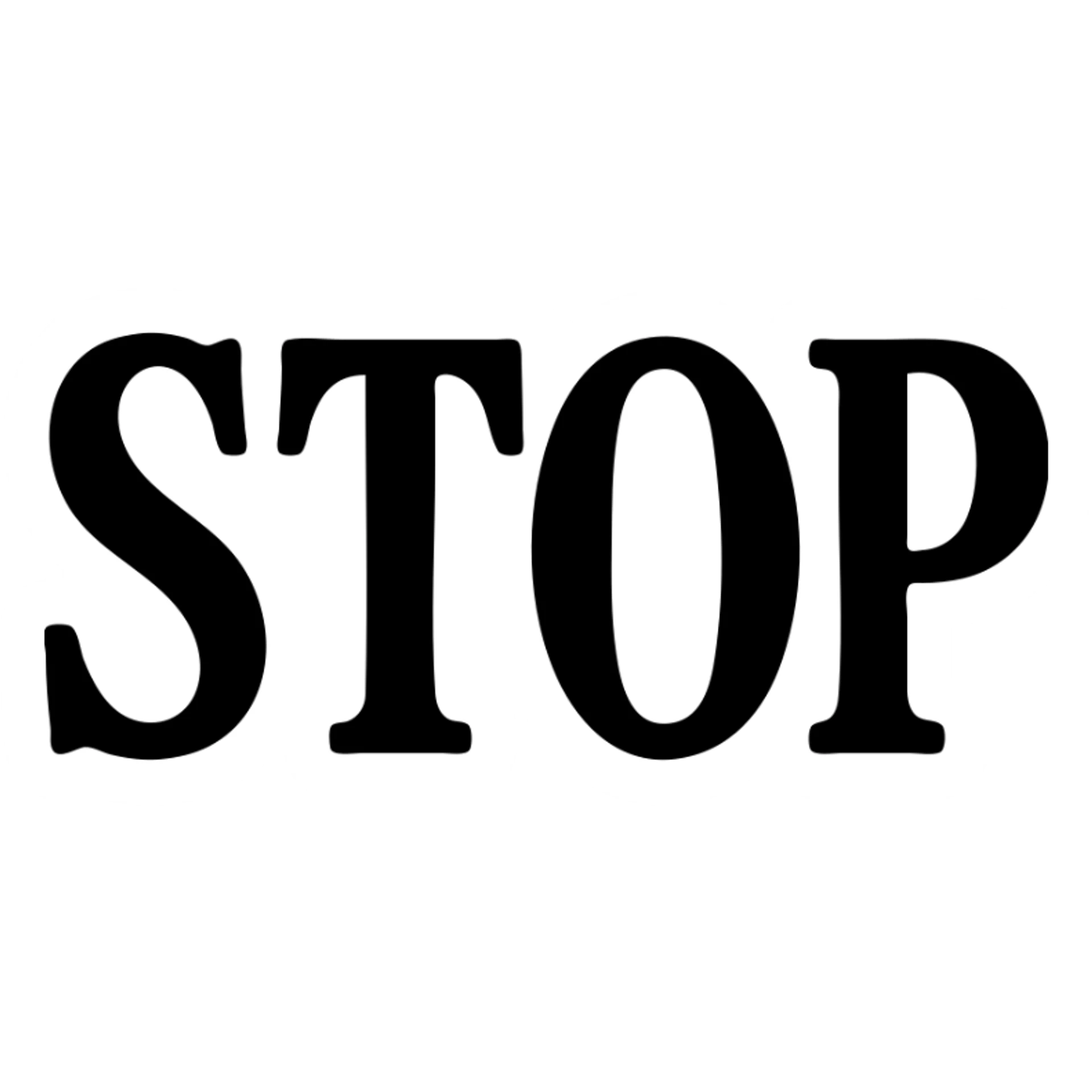 the word STOP in soft blue-grey color, solid filled icon style, serif font sticker