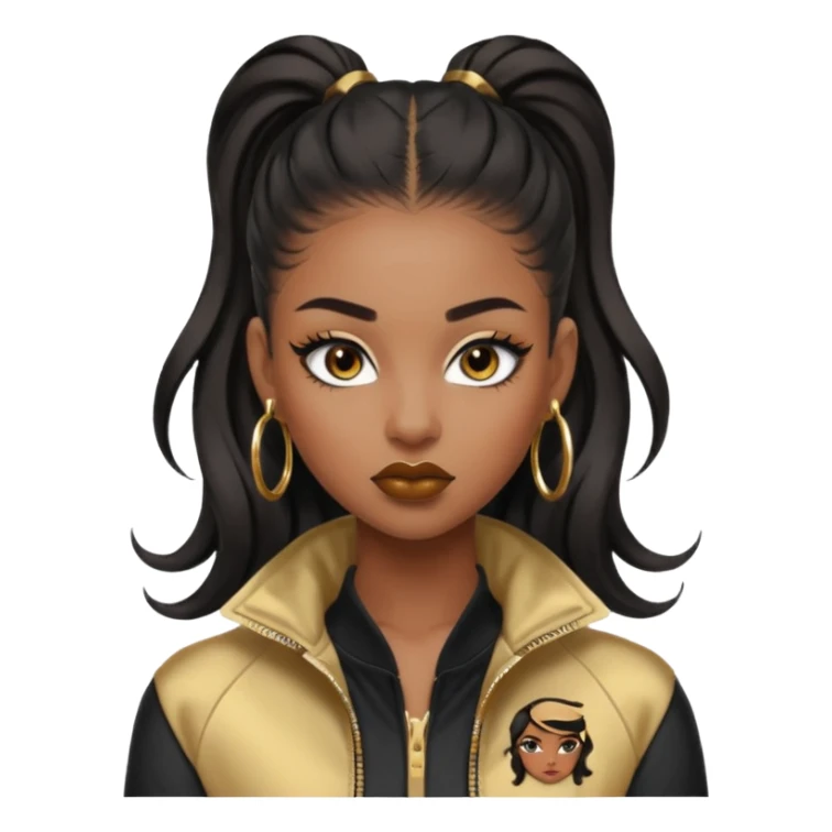 “black Emoji girl, fierce confident expression, sharp black winged eyeliner, bold brows, matte nude lips, long curled lashes, sleek high ponytail, gold hoop earrings, sporty streetwear jacket.” sticker