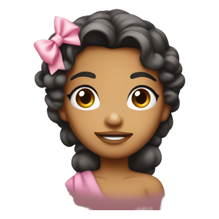 a cute pointing her mouth looking in the camera with a coquette bow in her head sticker