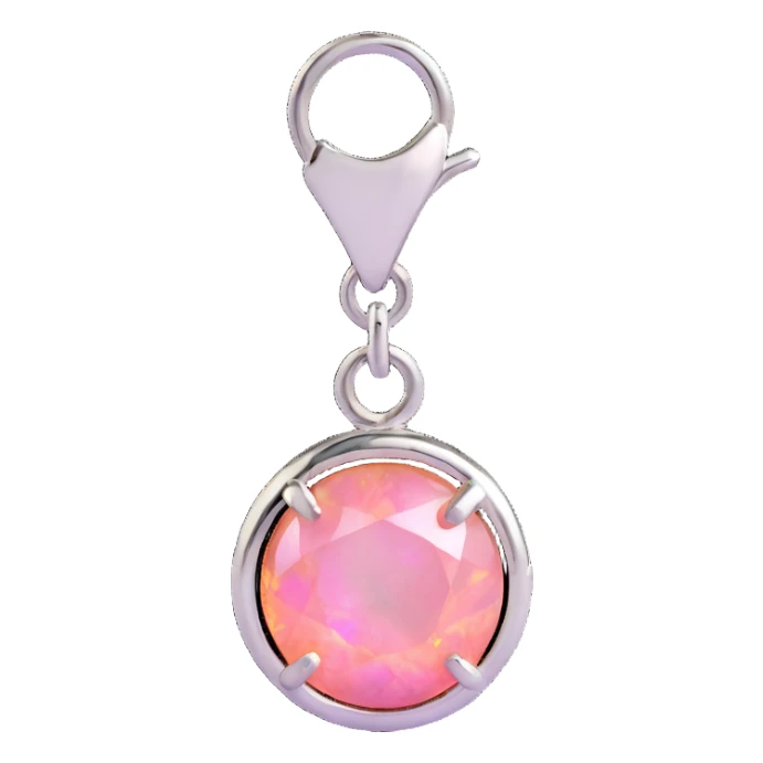 detailed close-up round cut pink fire opal charm with silver setting, silver jump ring, glossy and iridescent finish sticker