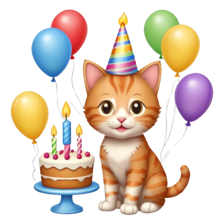 Ginger tabby kitten celebrates birthday, birthday hat, birthday cake, one candle, balloons, happy, gifts sticker
