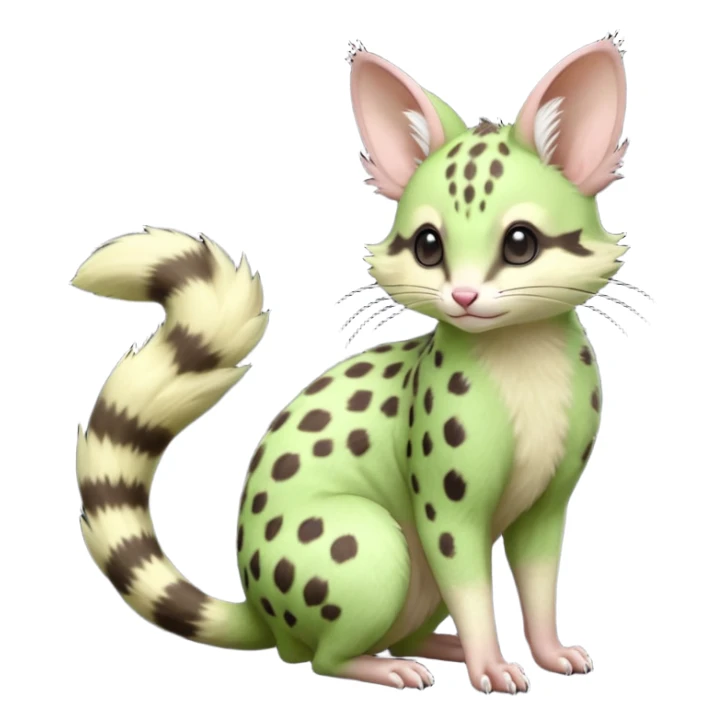 Light-neon-green, soft realistic romantic vintage antique divine beautiful elegant pretty precious cute young youthful  Fakémon-Pokémon-opossum-feline-mouse-serval-caracal-chinchilla-Minccino-Cinccino-Meowstic-rodent-hybrid-creature (full body) sticker