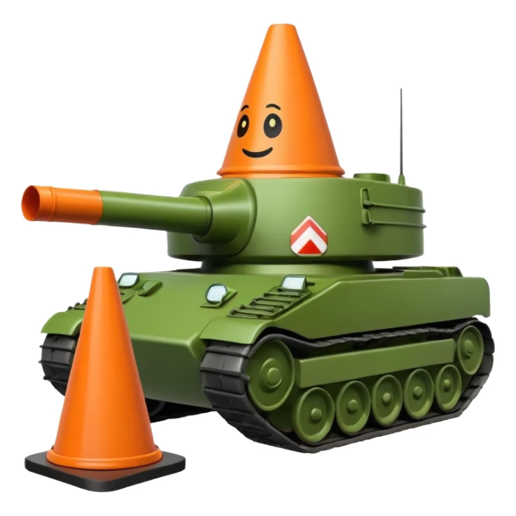 green military tank running over a traffic cone with a sad face, cone visible under the treads, emoji style sticker