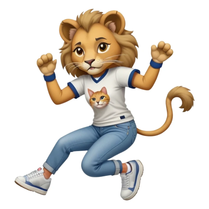 friendly anthropomorphised female lion in a baseball shirt, jeans, and trainers helping a hip-hop, RUN DMC-inspired female cat up after falling down sticker