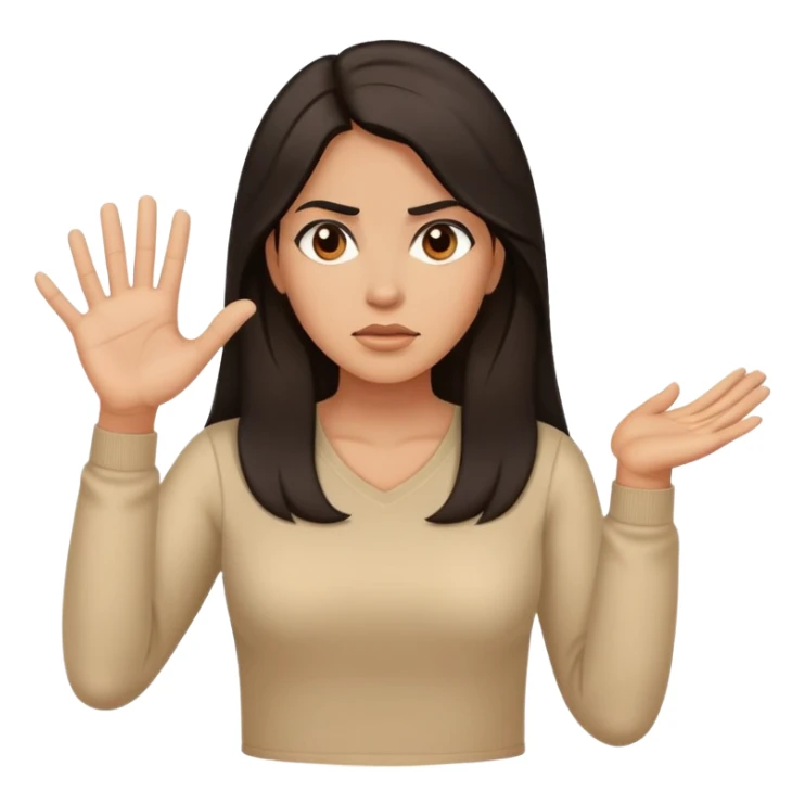 Hispanic woman with long hair, beige top, determined, one hand out motioning to stop sticker