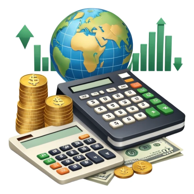 An icon featuring a calculator, a dollar sign, and a chart with upward trends, symbolizing economics. The design includes coins, bills, and a globe, representing global trade and financial systems. Transparent background highlights the study of markets, supply, and demand. sticker