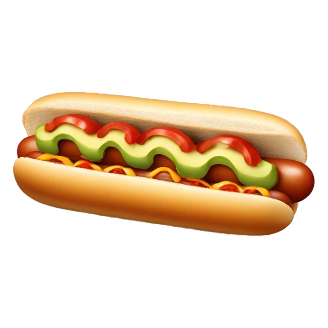 one hotdog with diced tomato, smash avocado and zigzagging mayonnaise sticker