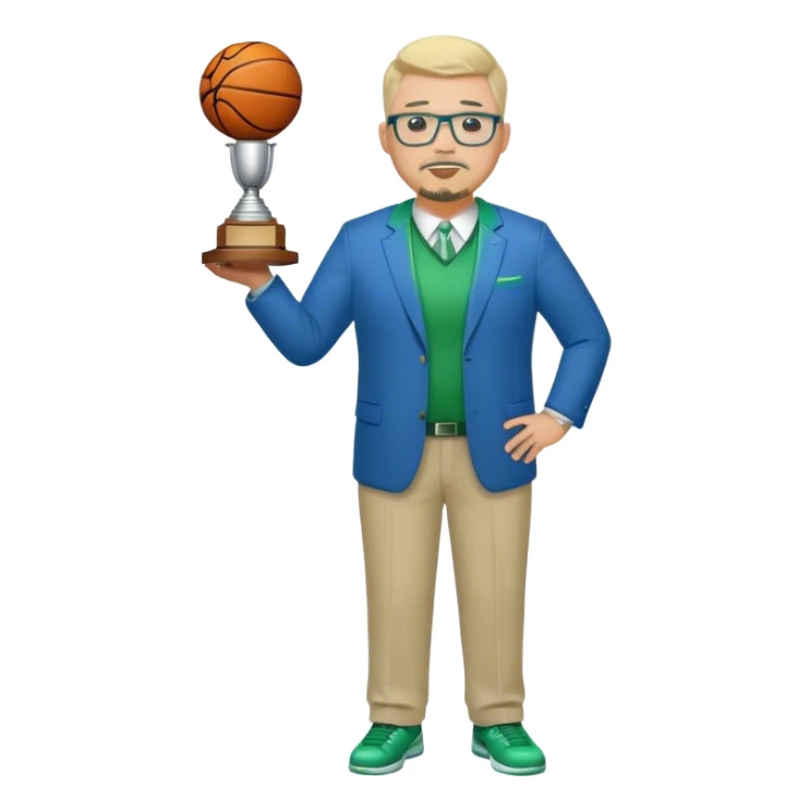 Full Body white fat male  wearing glasses with a goatee with light blonde gray very short hair basketball head Coach in blue and green suit holding trophy sticker