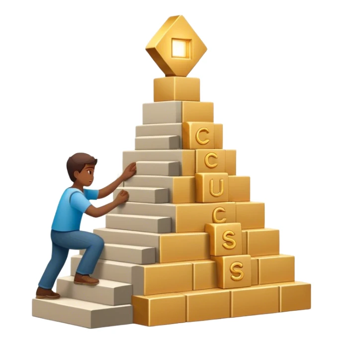 represents the habit formation process with a person stacking bricks to build a staircase, a signpost labeled "Cue → Action → Reward", and a glowing golden door at the top symbolizing success and transformation. Let me know if you need any tweaks! 🚀 sticker