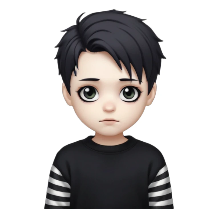 Goth boy, chibi style, oversized sweater, striped sleeves, cute sticker