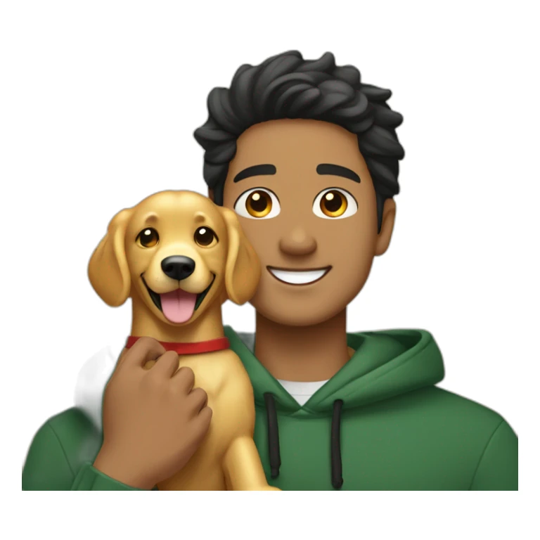 Light skin smiling indian guy with black middle part hairstyle wearing dark green hoodie hugging a golden retriever sticker