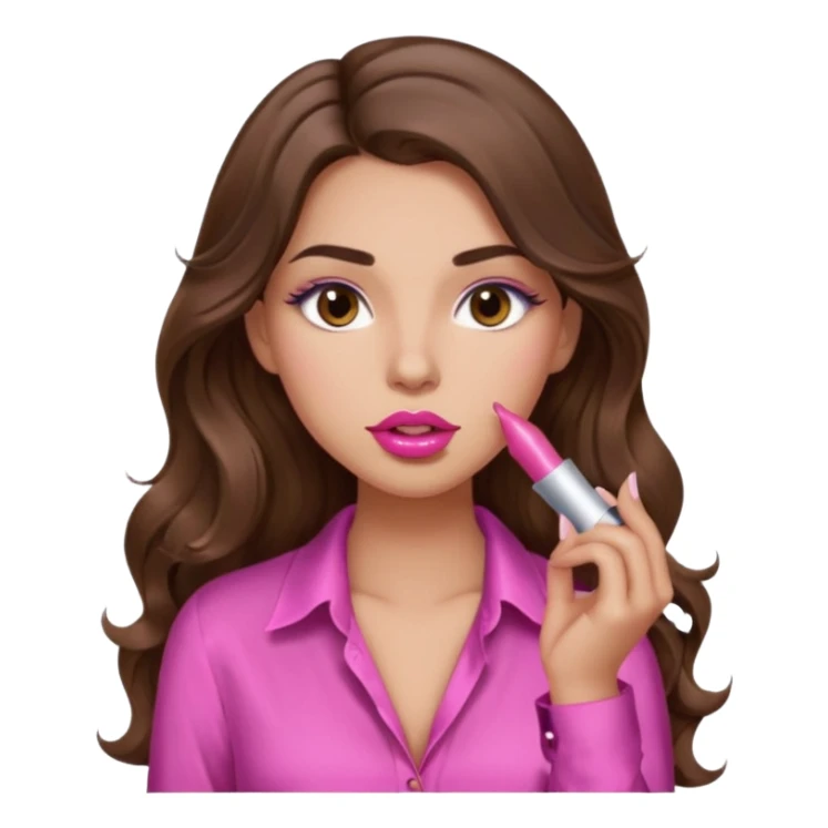 girl with long wavy brown hair, brown eyes, light to medium complexion, in a pink sexy shirt, pink lips, long lashes, puckered lips, putting on lipstick sticker