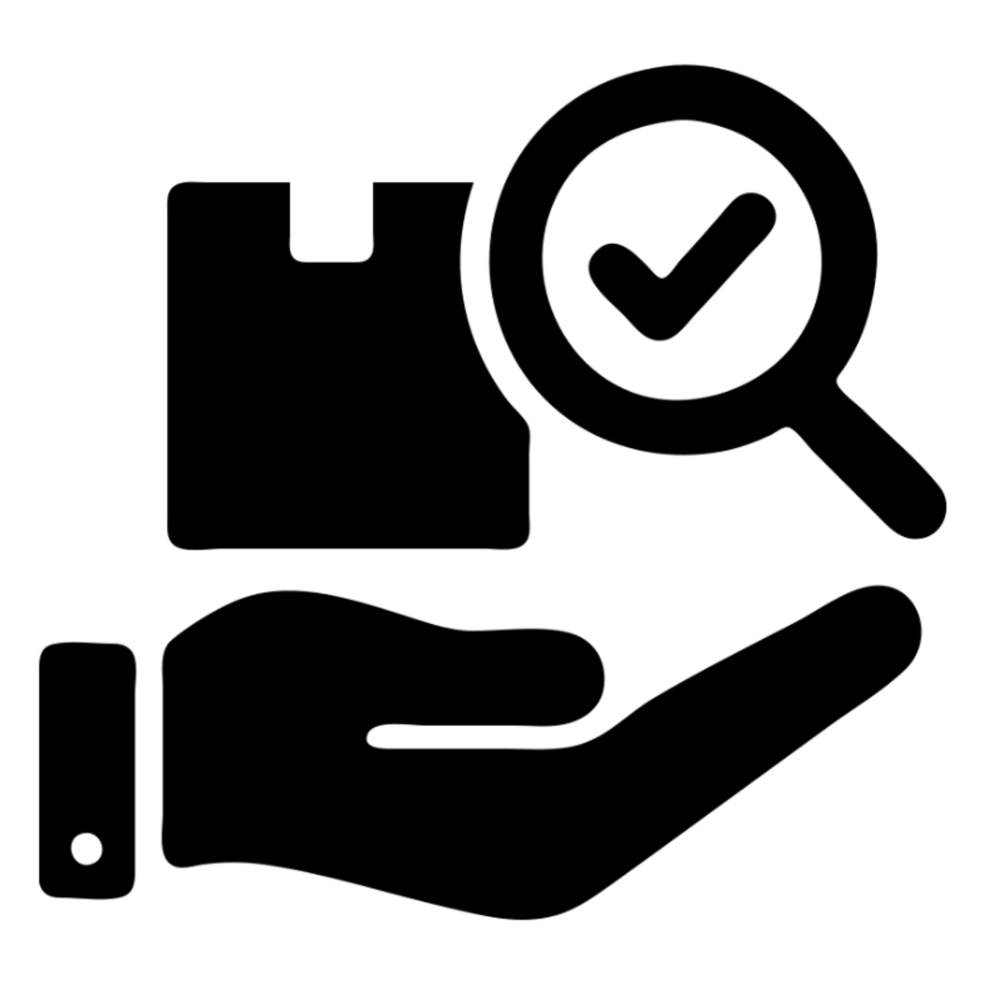 icon of a hand holding a product with a magnifying glass and a checkmark sticker