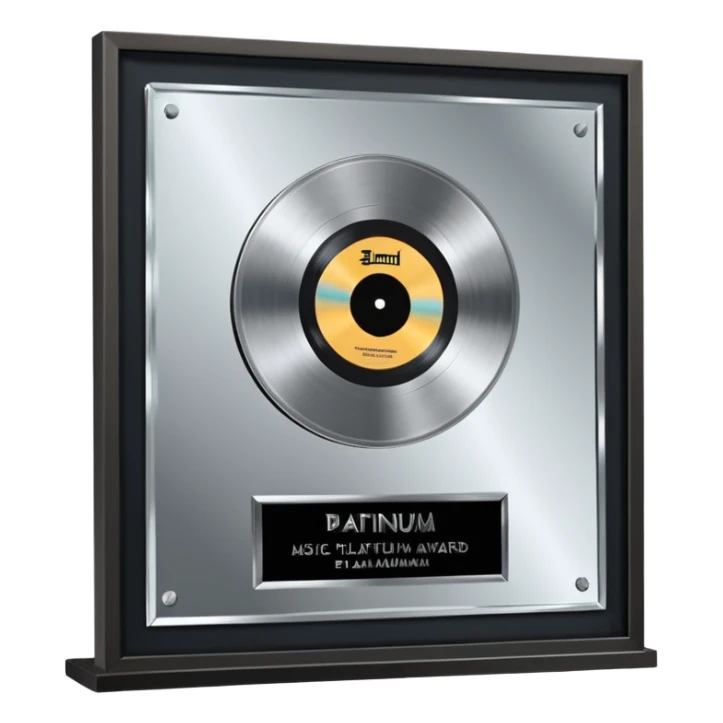 A platinum music award plaque: a square, polished platinum plate with a subtly textured, mirror-like finish, mounted on a simple dark metal base. The center features a relief of a or stylized vinyl record in a slightly darker metallic tone.  sticker