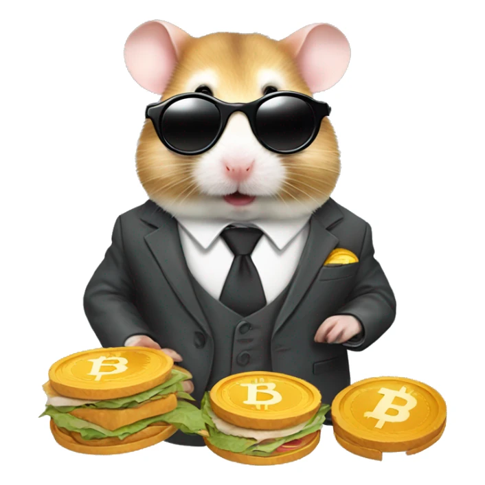Hamster in three-piece suit wearing round shades and having a sandwich with bitcoins in sticker