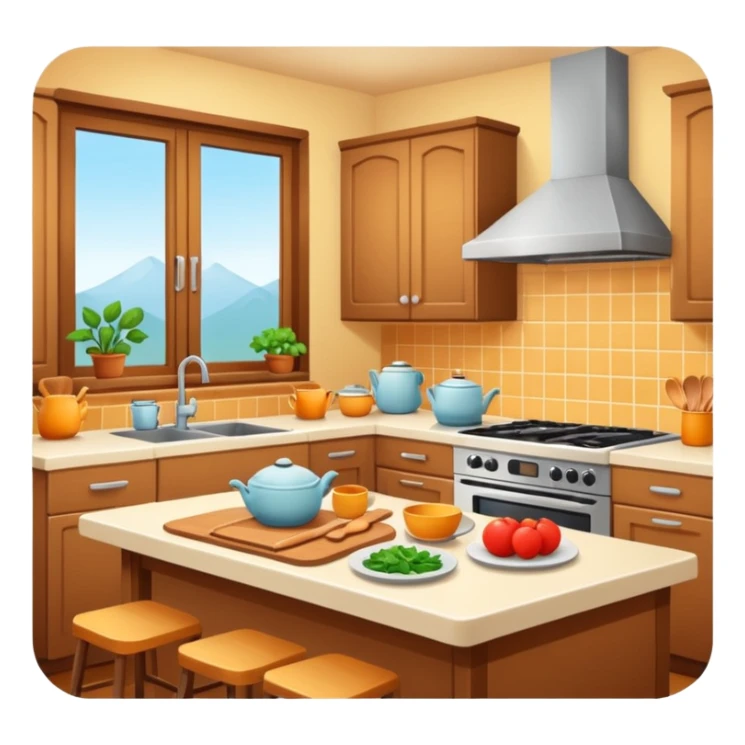 A cozy home kitchen in clean emoji-style illustration. Warm colors, simple shapes, homemade dishes on the counter, friendly atmosphere, flat design, high contrast, clear outlines. sticker