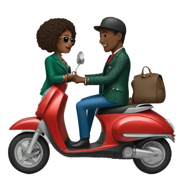 a woman and a man wearing gucci clothes on a e scooter sticker