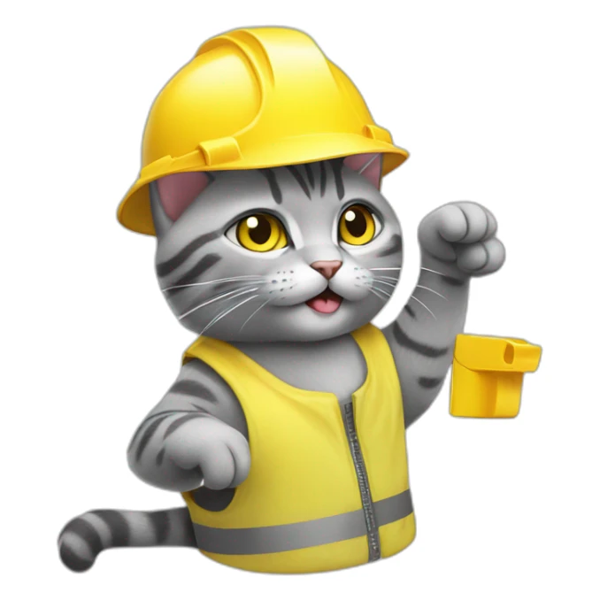 gray-cat pointing his finger out like pistol with yellow construction helmet sticker