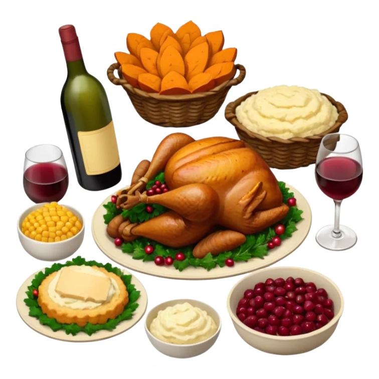 Thanksgiving Dinner with 6 friends of all different races around the table; have the food be a cooked turkey, mashed potatoes, corn, a basket of biscuits, a small bowl of cranberry sauce, baked yams, steamed vegetables, and a bottle of wine. sticker