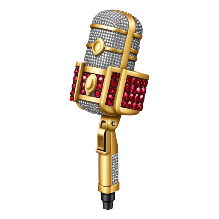 Create a glamorous and eye-catching emoji representing stage vocals, featuring a vintage stage microphone as the central element. Surround the microphone with a vibrant, sparkling stage costume covered in rhinestones, capturing the essence of a classic stage performance. The costume should be flashy, with shiny accents and a dazzling effect to evoke the energy and elegance of a live performance. Add subtle musical notes floating around to emphasize the connection to singing. Use bright, bold colors like gold, silver, and deep reds, along with glittering details to create a luxurious and dynamic atmosphere. The background should be transparent. sticker