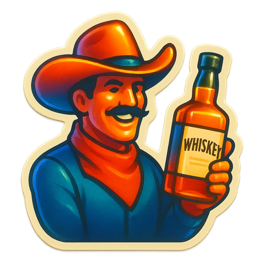 A sticker of a cowboy with a bottle of whiskey sticker