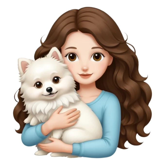 White female with long wavy brunette hair hugging cute white pomeranian sticker