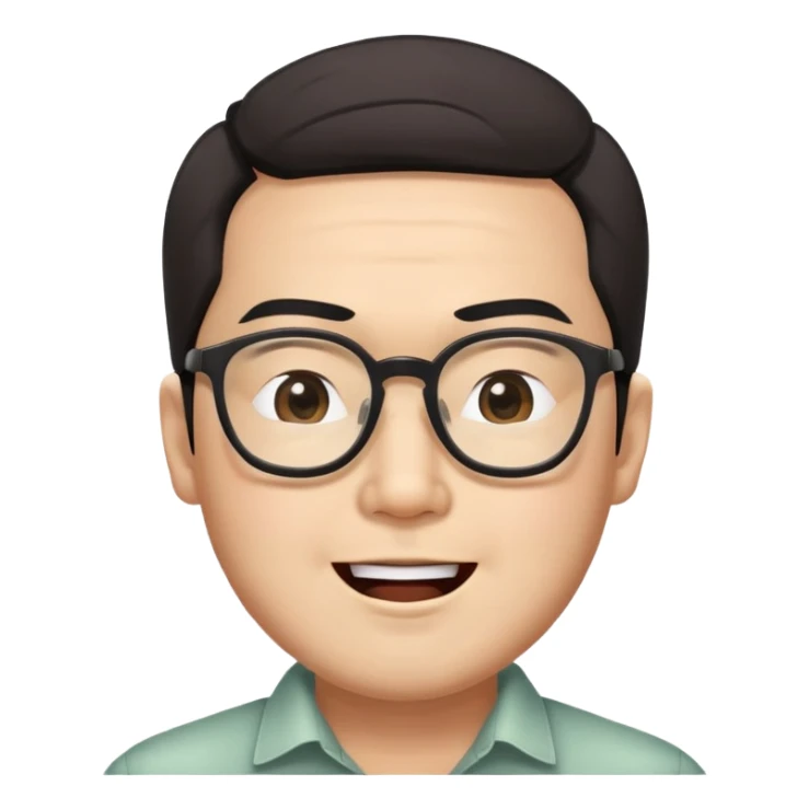 _cinematic-realistic-portrait-of-asian man,-depicted-with--large-rectangular-glasses,-his-happy-expression-rendered-in-lifelike-detail,-illuminated-with-soft,-realistic-lighting-that-emphasizes-his-creative-genius, his eyes shut  and big bushy black eyebrows sticker