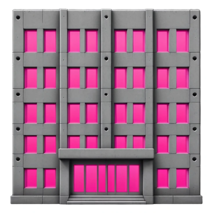 brutalist gray concrete block building with two neon pink windows and many normal windows sticker