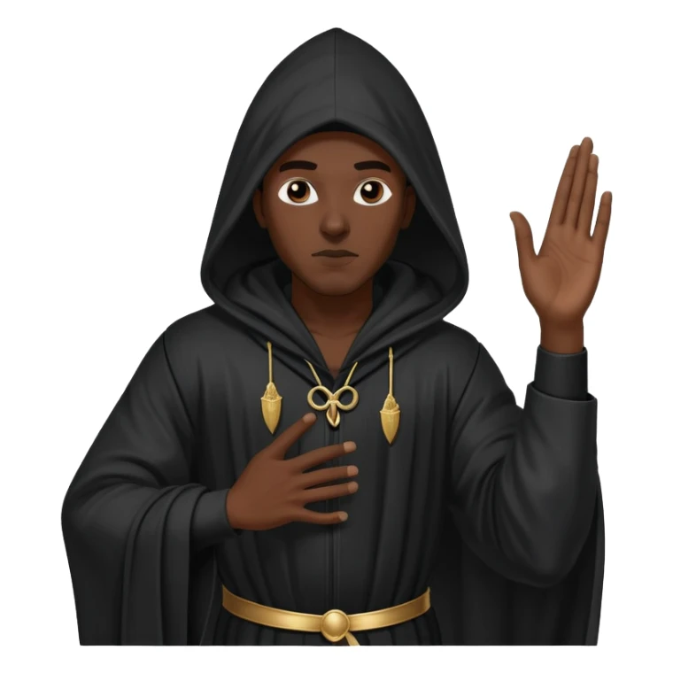 Black man in long black pointed-hood robe, striking a confident rap pose, one arm raised. Costume resembles a controversial historical uniform. Dramatic, provocative contrast in to sticker