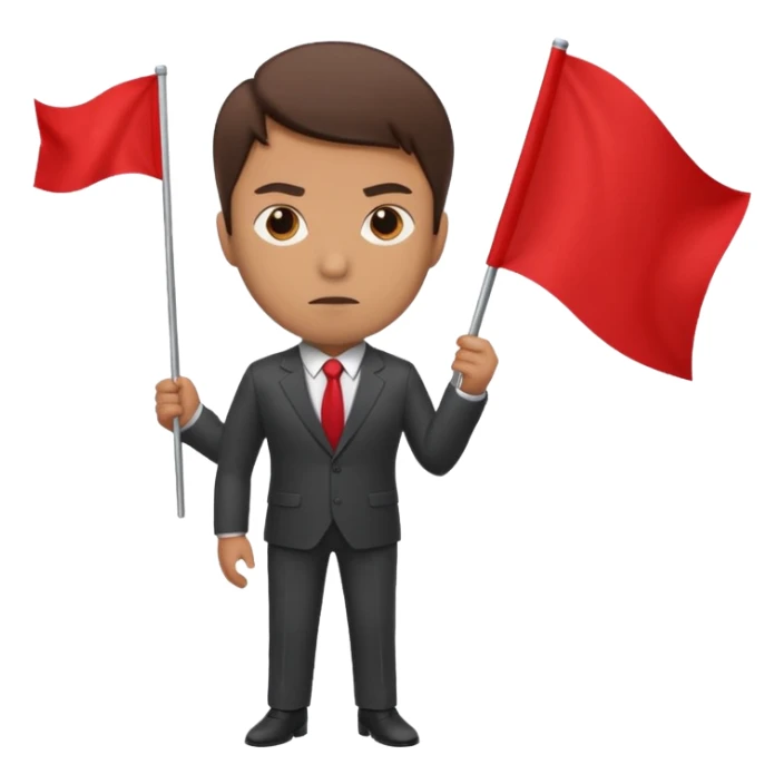 man in a suit holding a blank red flag sticker