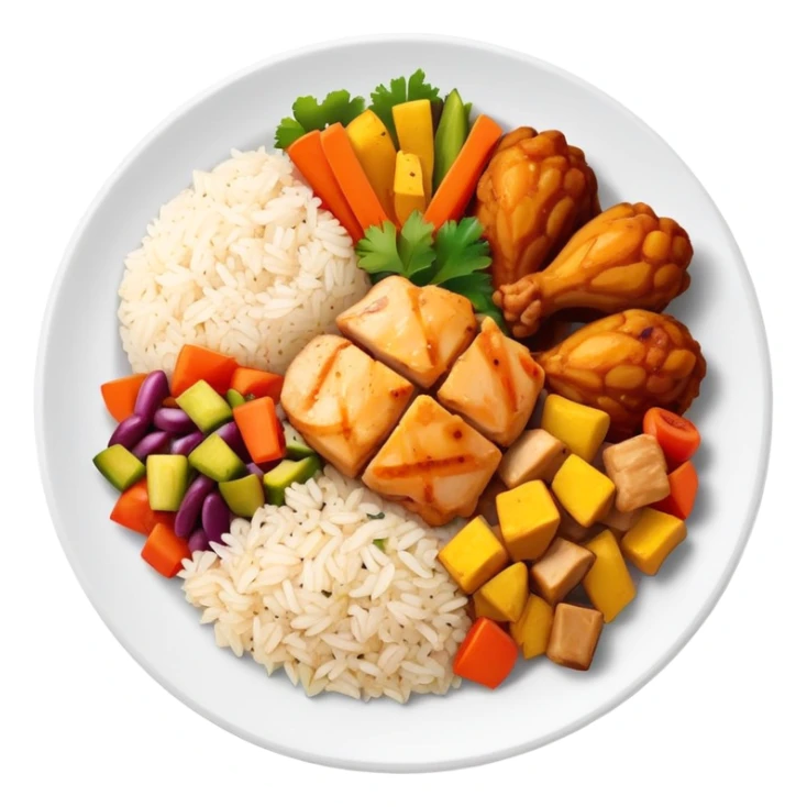 Full meal plate with rice, chicken pieces, and Puerto Rican vegetable mix sticker