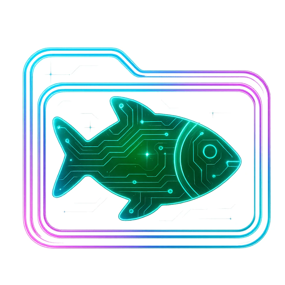 Transform the Greenfish logo into a cyberpunk, holographic style with glowing neon blue and pink edges, circuit patterns throughout the entire icon, and a transparent background. Keep the fish green and maintain the recognizable fish shape, overlaying neon and circuit effects in a futuristic, clean cyberpunk style with consistent glow and intricate circuit details. sticker