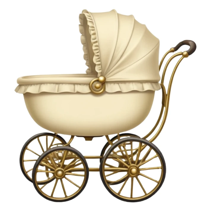 An antique baby stoller with bis wire wheels and a ruffeled bonnet sticker