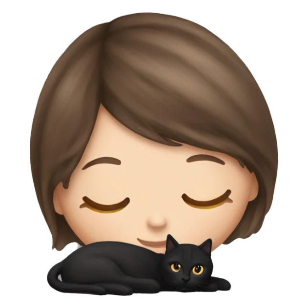 White Girl with long brown hair and bangs napping with a black cat sticker