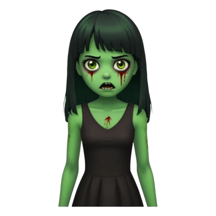 faça uma garota na forma de zumbi com a pele verde, assustada e com os olhos escurod, com o cabelo preto com franja e longo e a roupa decotada preta sticker